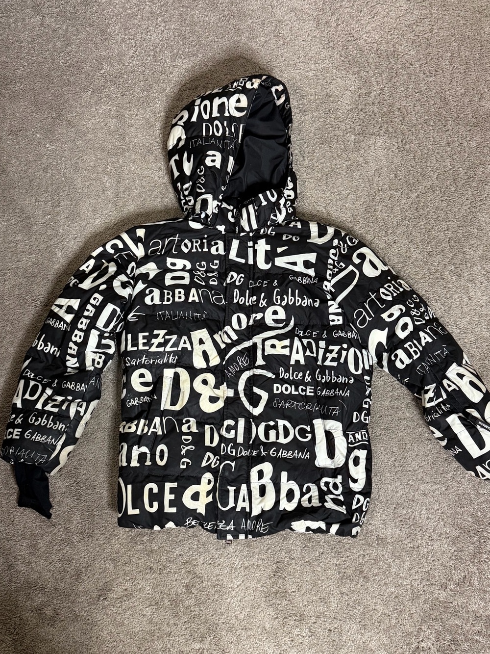 Dolce & Gabbana Black & White Logo Puffer Jacket